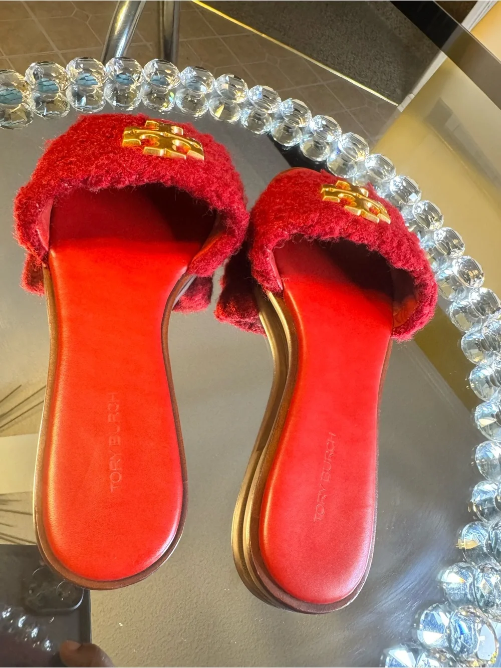 Tory Burch Everly Milos Boucle Slide Sandals In Pomegranate. Size 8